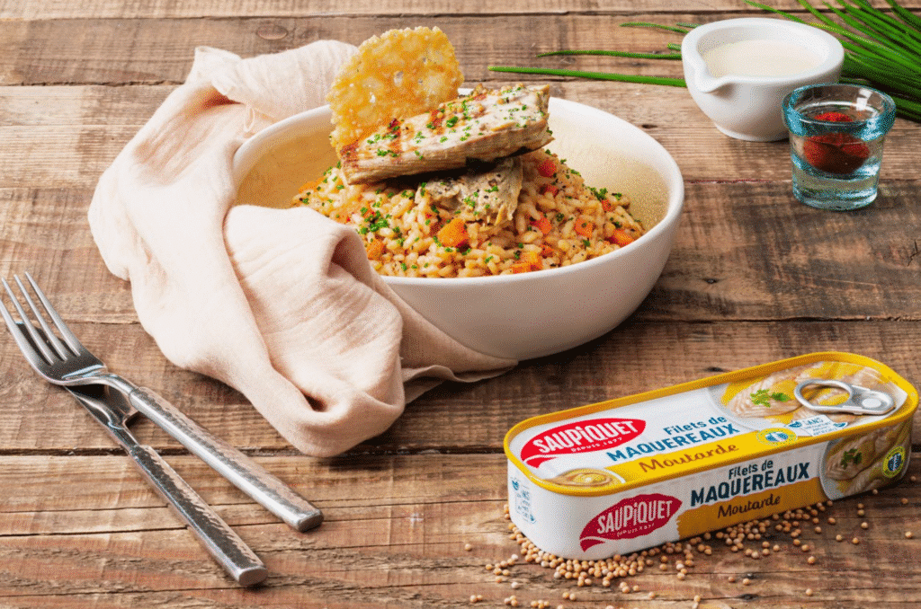 Risotto crémeux au paprika, filets de maquereaux à la moutarde et tuile de parmesan